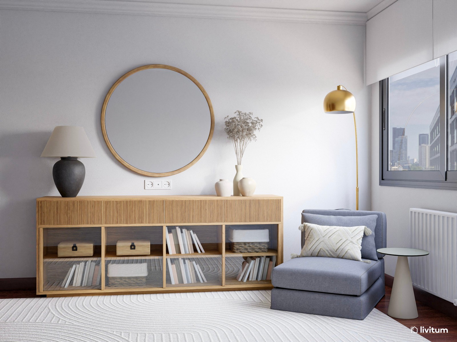 Estudio cozy con zona de descanso y mobiliario de madera