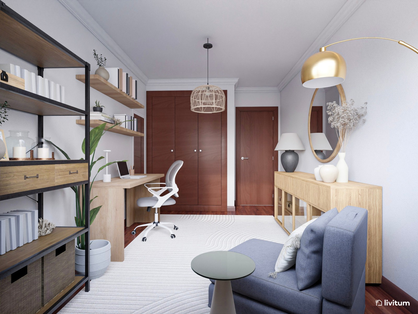 Estudio cozy con zona de descanso y mobiliario de madera