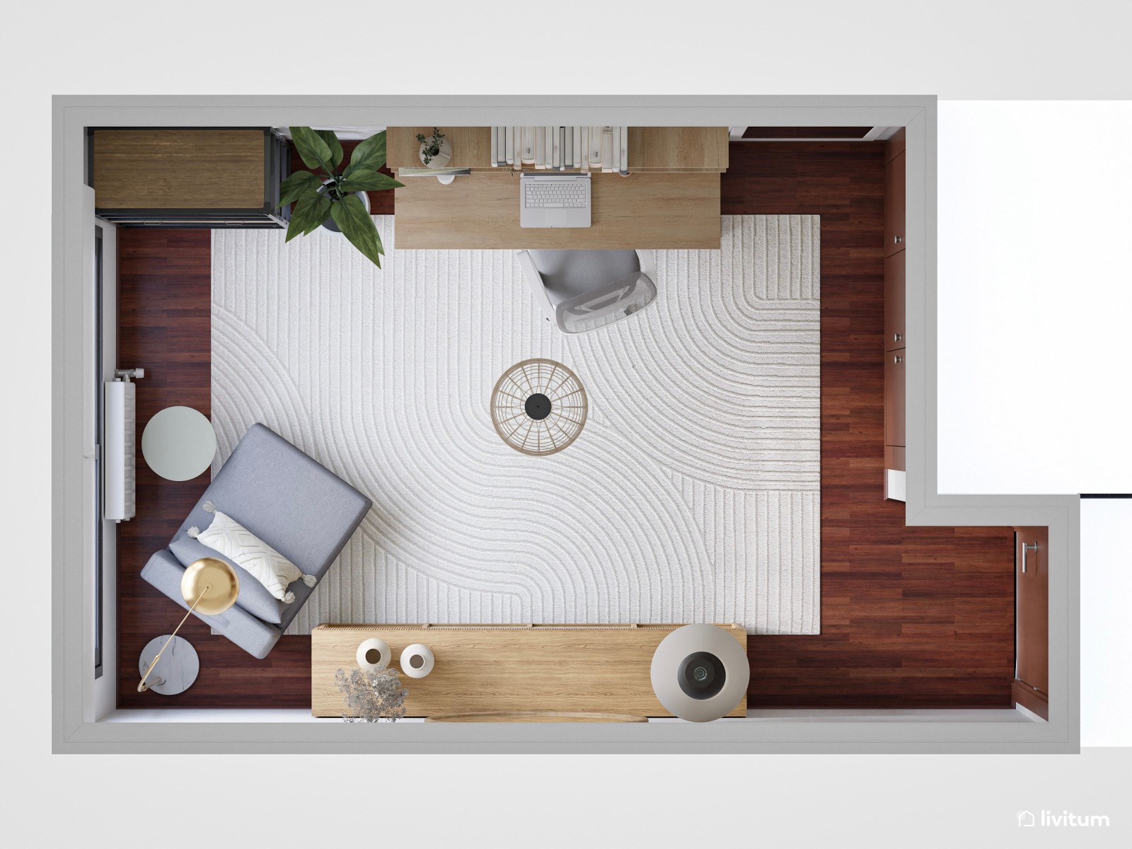 Estudio cozy con zona de descanso y mobiliario de madera