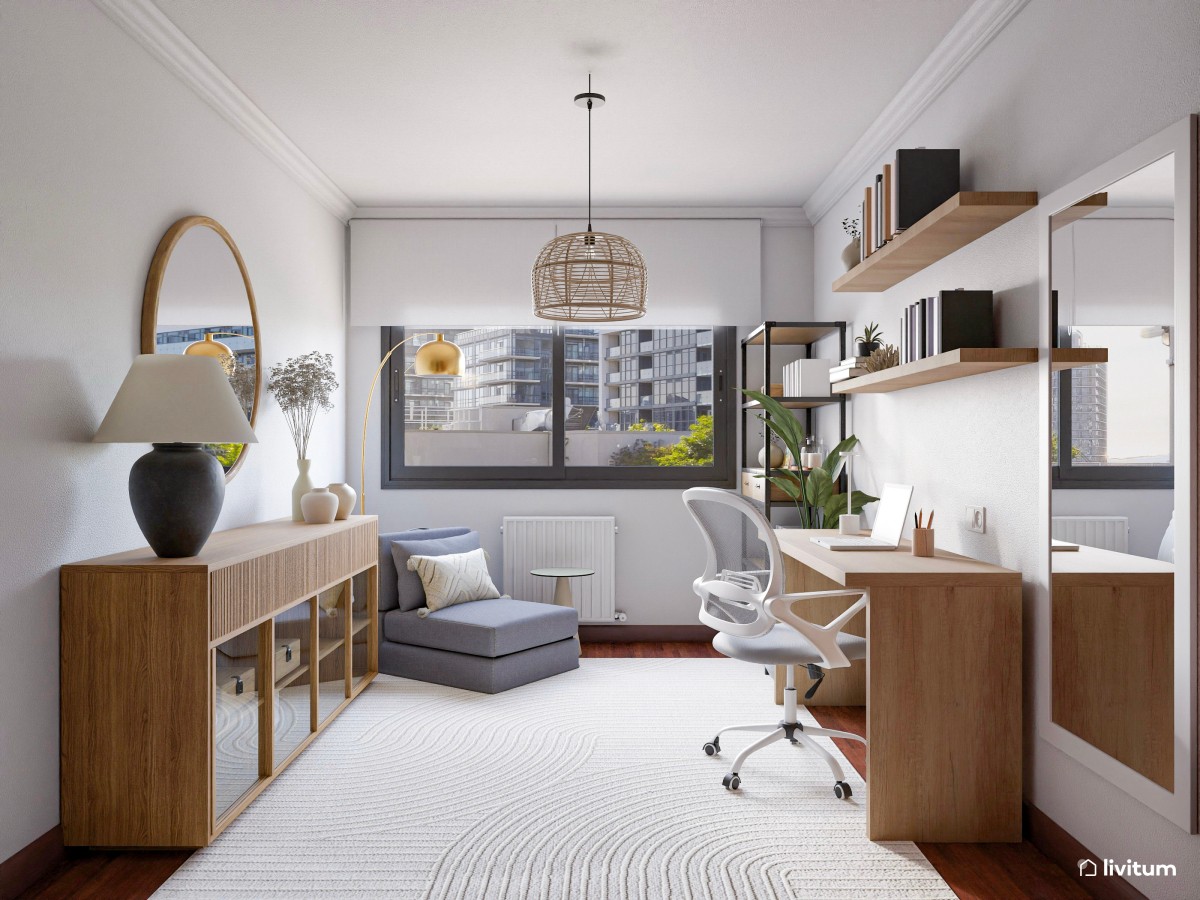 Estudio cozy con zona de descanso y mobiliario de madera
