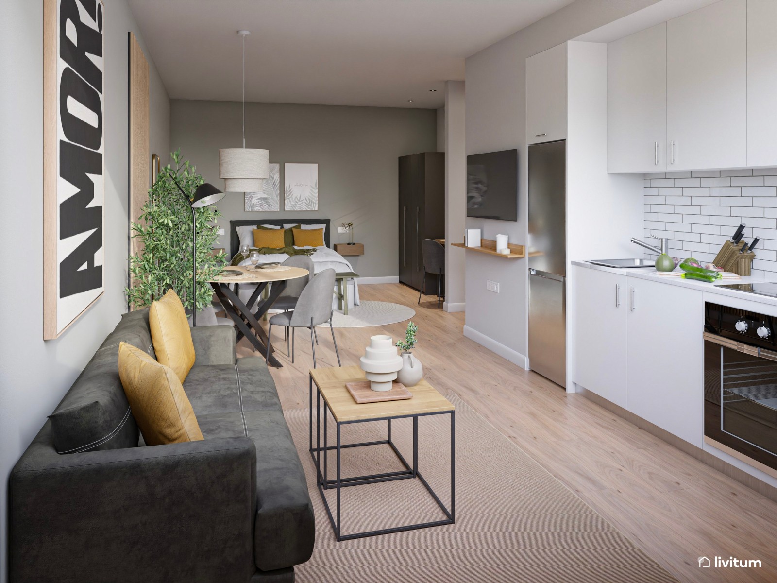 Estudio de alquiler turístico con dormitorio, salón comedor y cocina abierta en Bilbao 