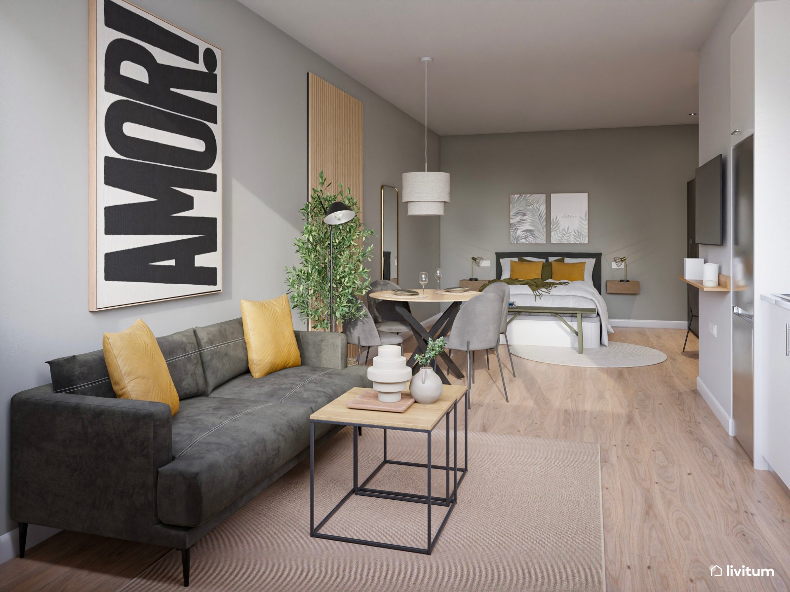 Estudio de alquiler turístico con dormitorio, salón comedor y cocina abierta en Bilbao 