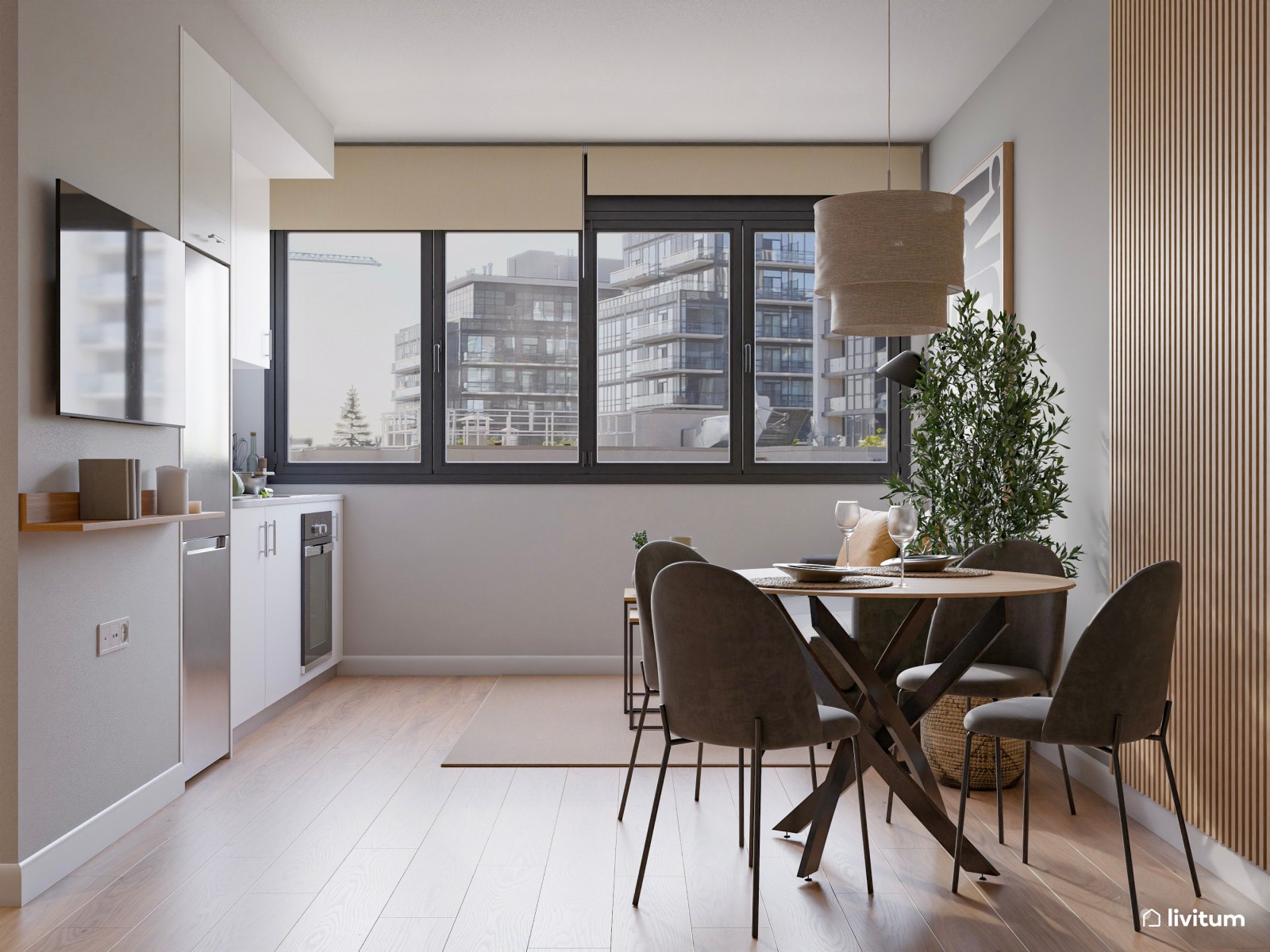 Estudio de alquiler turístico con dormitorio, salón comedor y cocina abierta en Bilbao 