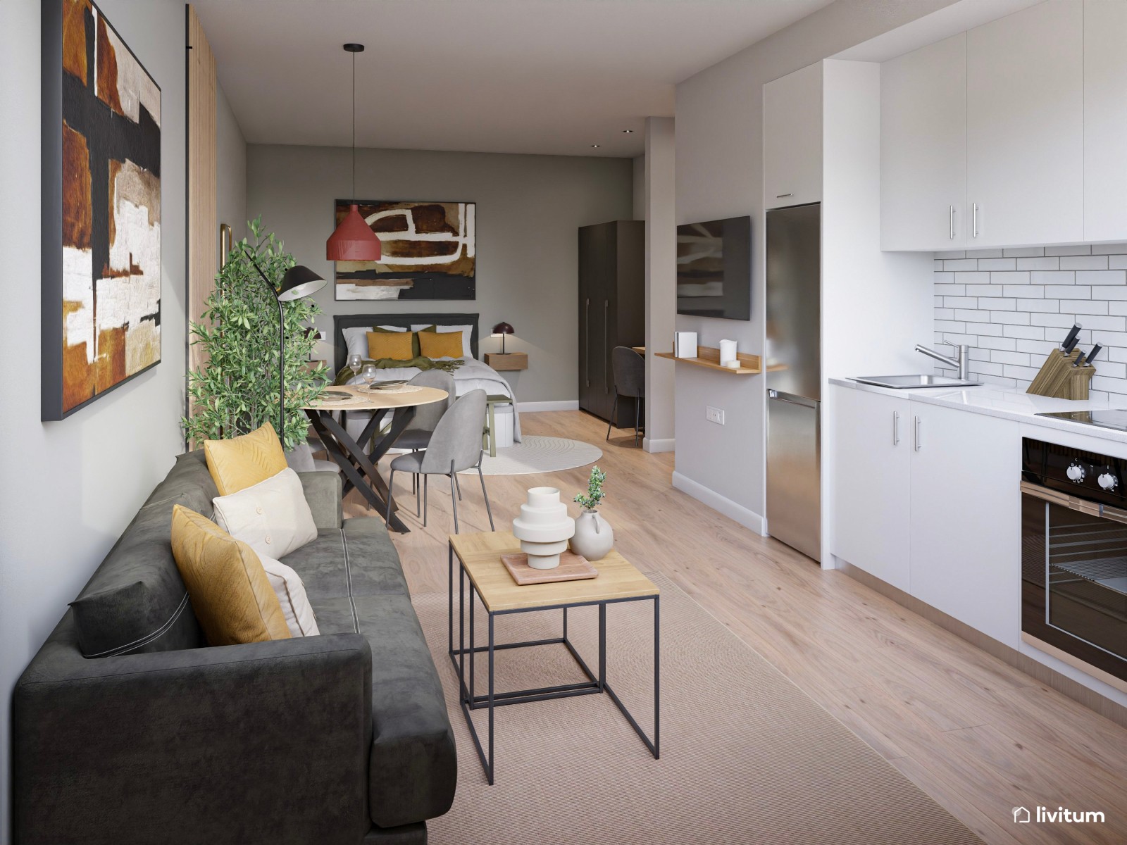 Estudio de alquiler turístico con dormitorio, salón comedor y cocina abierta en Bilbao 