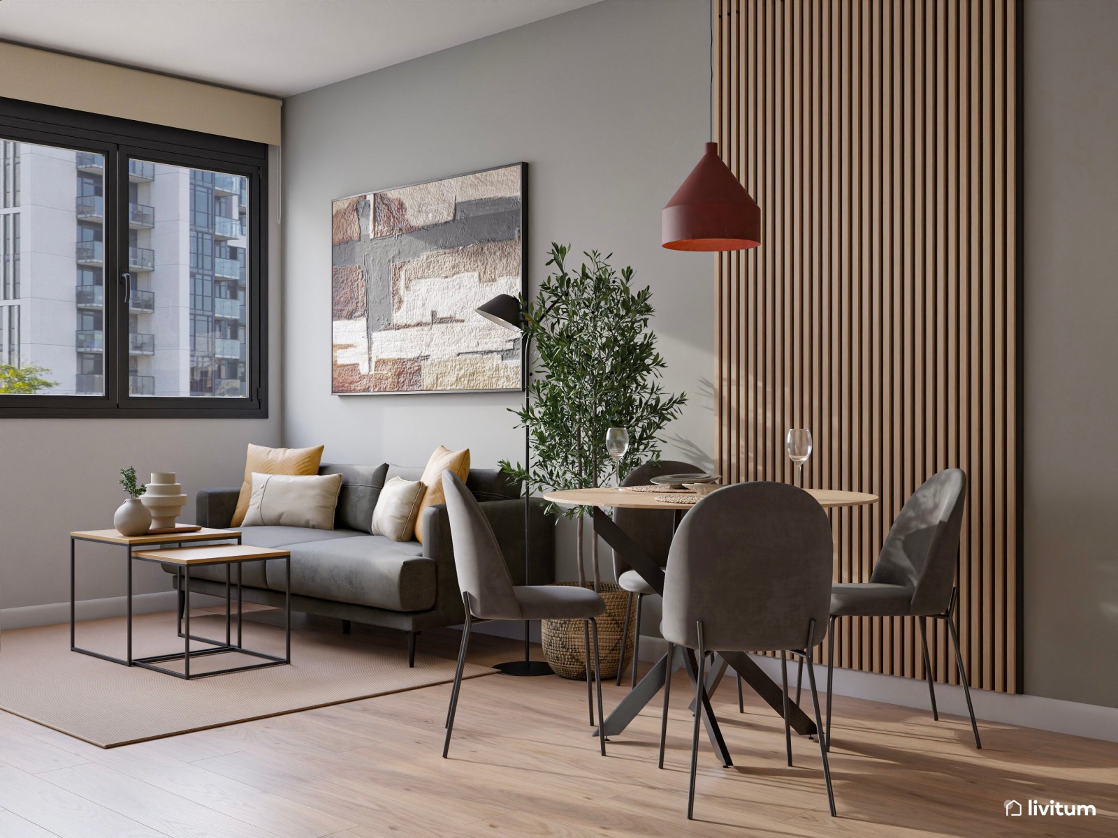 Estudio de alquiler turístico con dormitorio, salón comedor y cocina abierta en Bilbao 