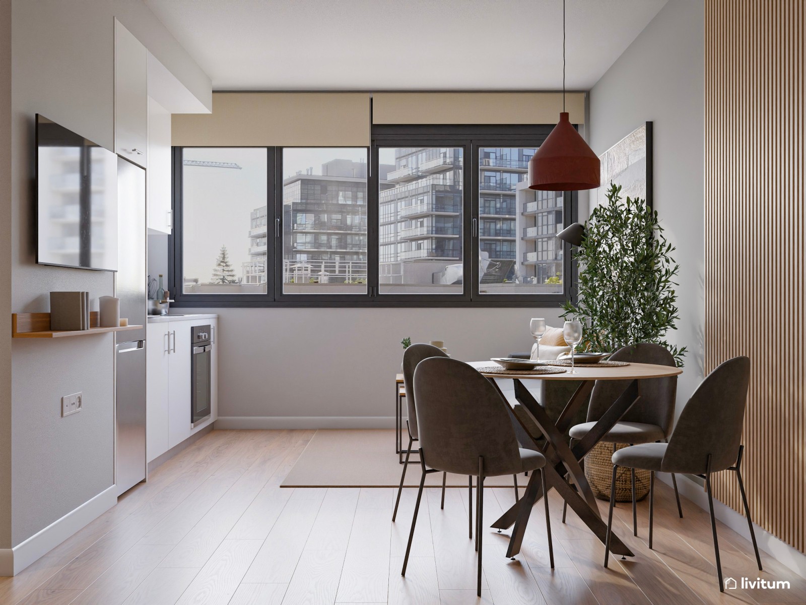 Estudio de alquiler turístico con dormitorio, salón comedor y cocina abierta en Bilbao 