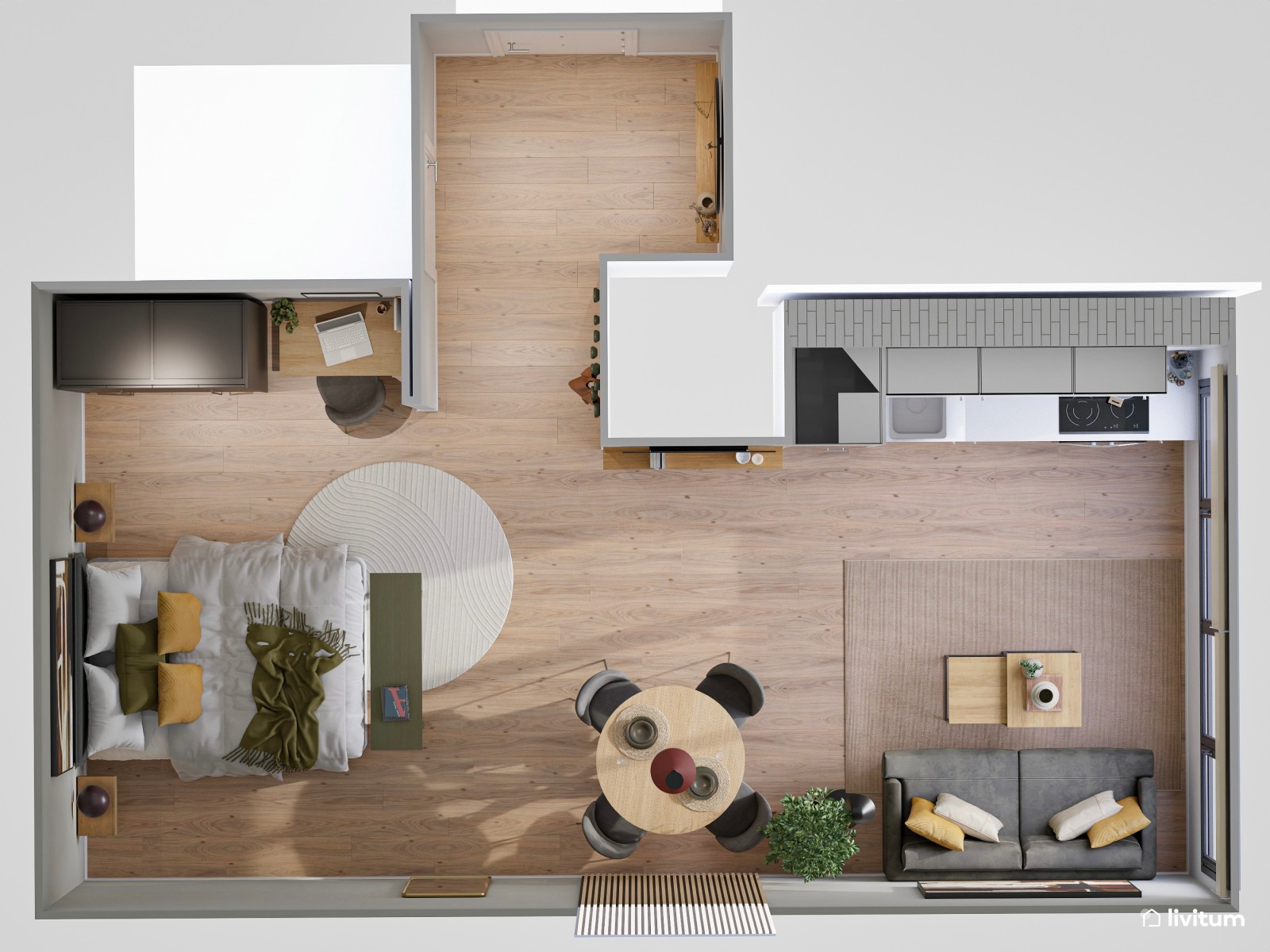 Estudio de alquiler turístico con dormitorio, salón comedor y cocina abierta en Bilbao 