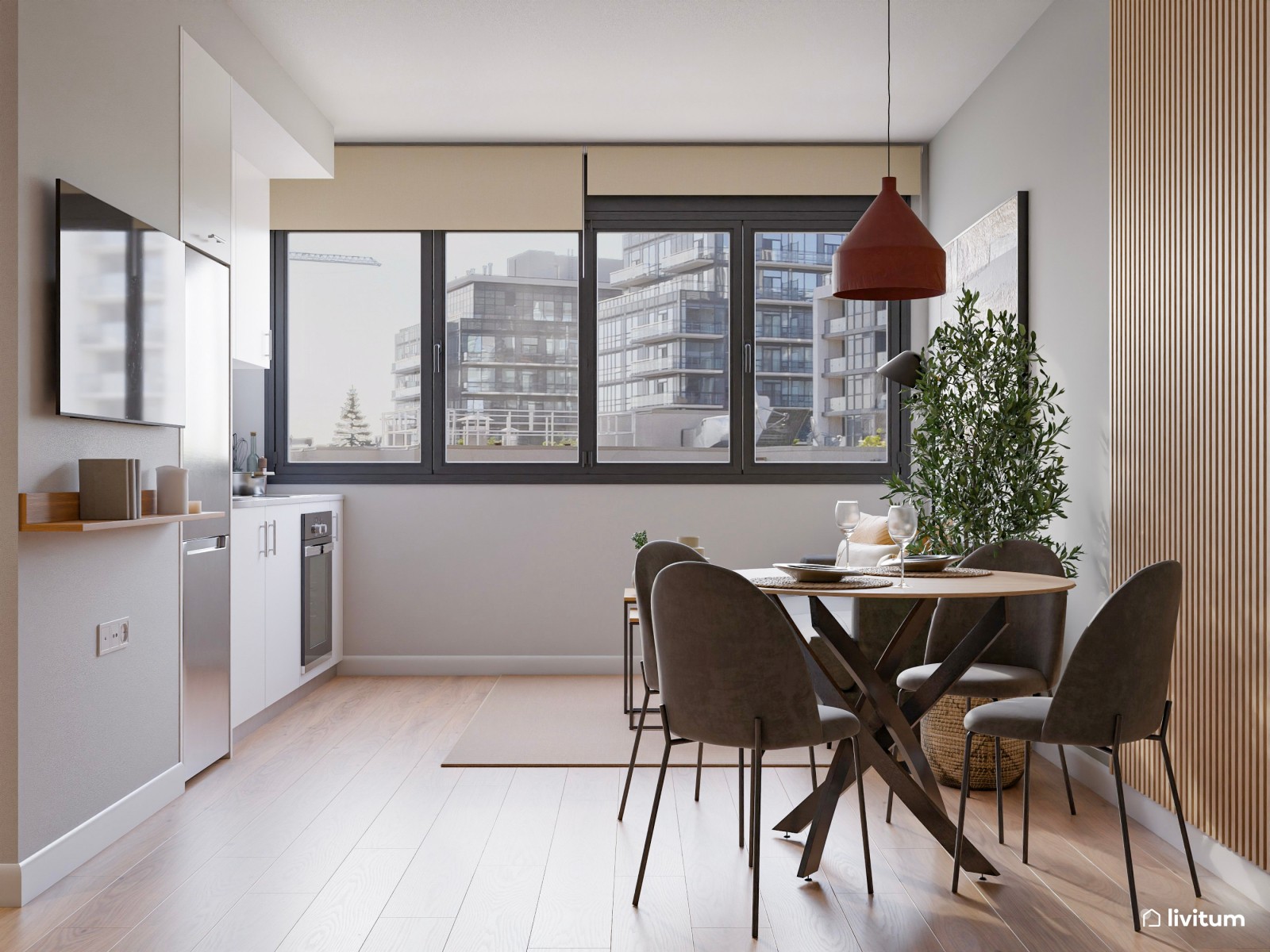 Estudio de alquiler turístico con dormitorio, salón comedor y cocina abierta en Bilbao 