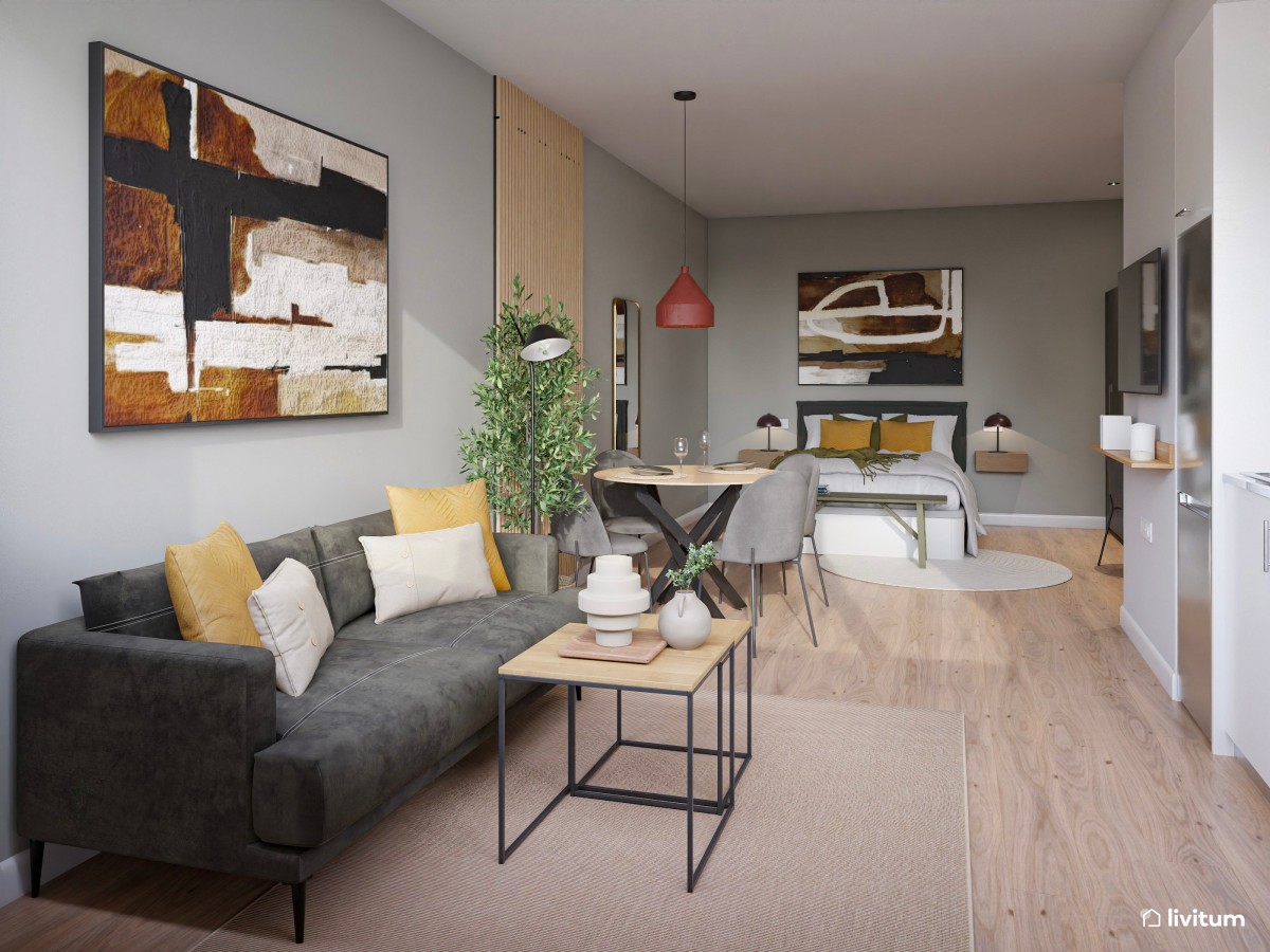 Estudio de alquiler turístico con dormitorio, salón comedor y cocina abierta en Bilbao