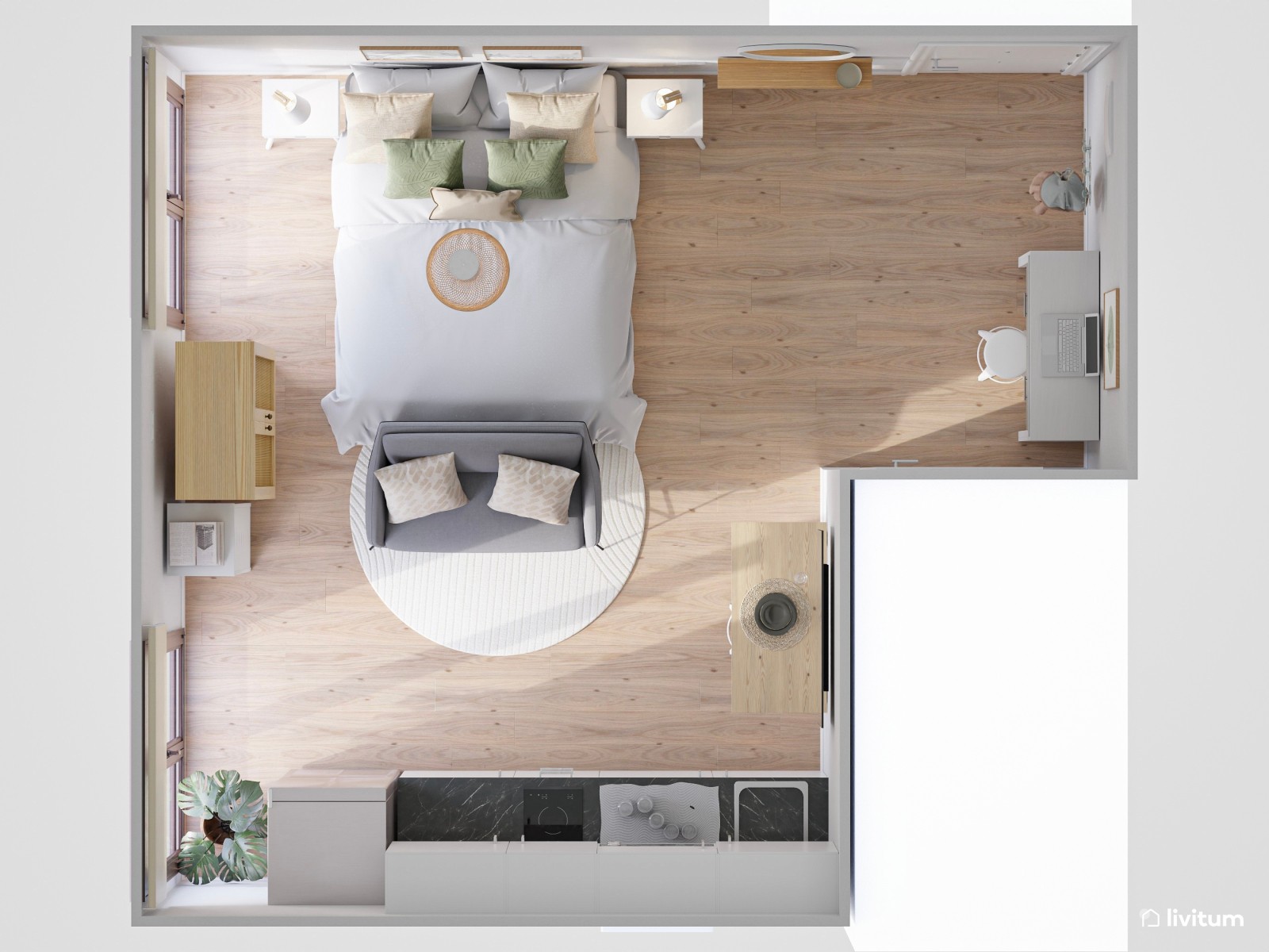 Estudio de alquiler turístico con todo lo necesario en un mismo espacio