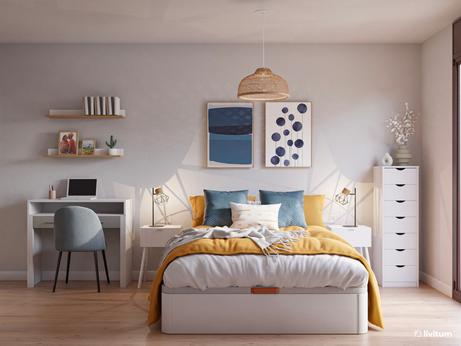 Estudio de alquiler turístico en llamativos tonos mostaza y azul