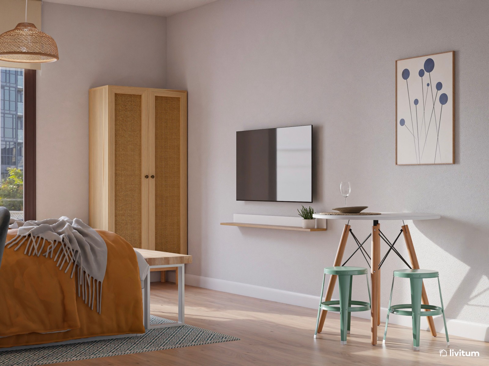 Estudio de alquiler turístico en llamativos tonos mostaza y azul