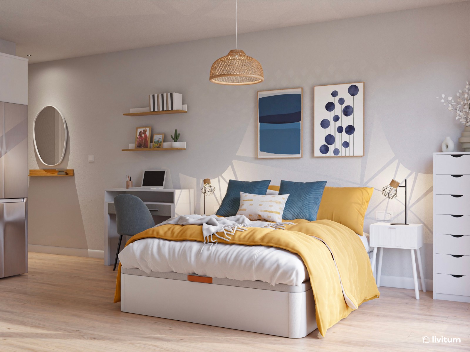 Estudio de alquiler turístico en llamativos tonos mostaza y azul