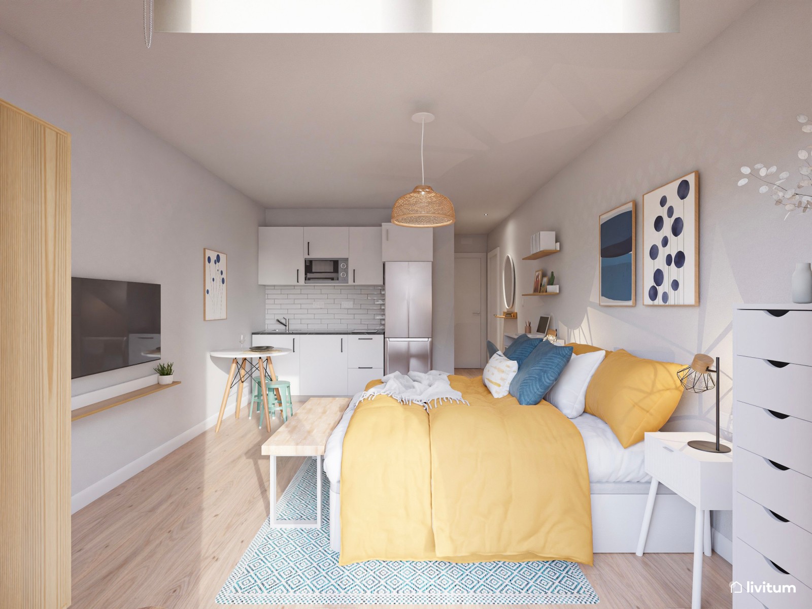 Estudio de alquiler turístico en llamativos tonos mostaza y azul