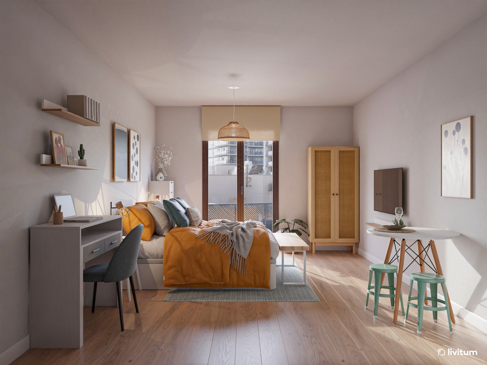 Estudio de alquiler turístico en llamativos tonos mostaza y azul