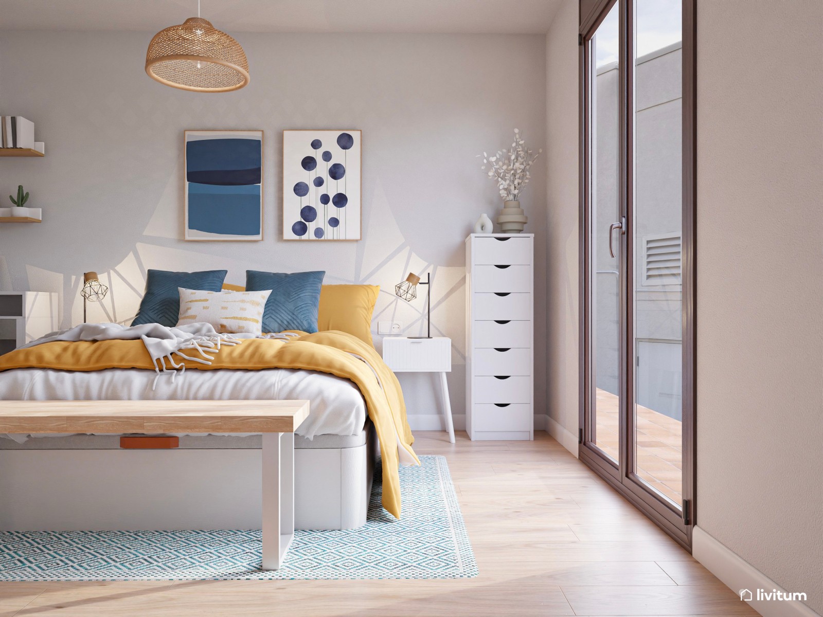 Estudio de alquiler turístico en llamativos tonos mostaza y azul