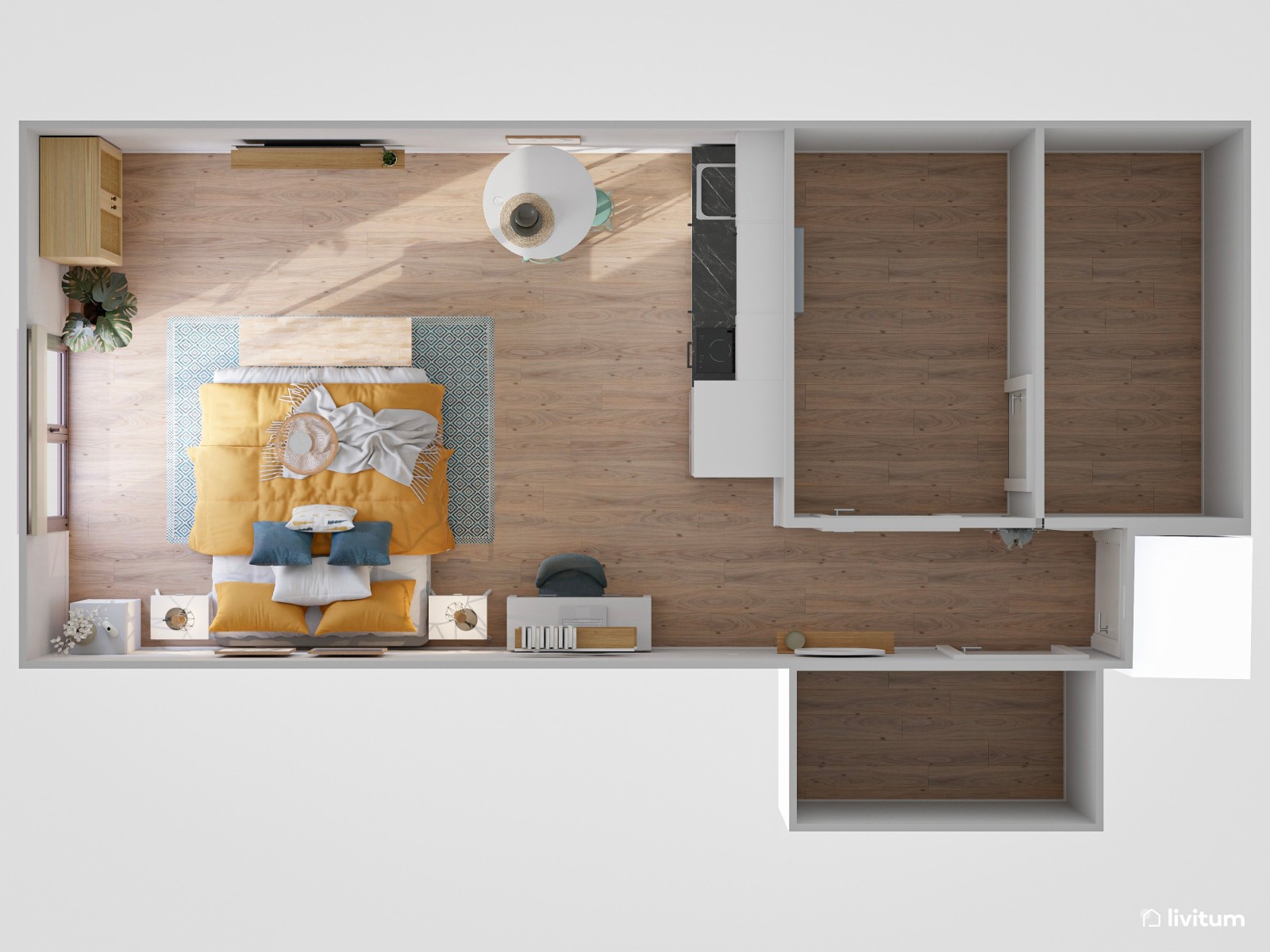 Estudio de alquiler turístico en llamativos tonos mostaza y azul