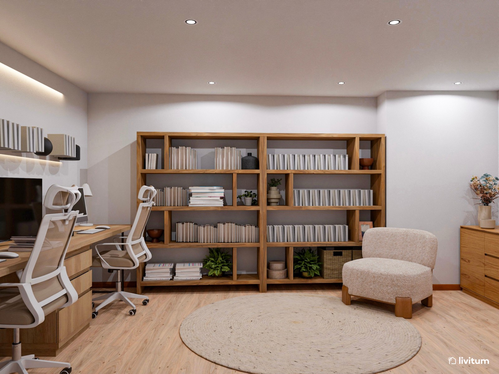 Estudio doble cálido y con almacenaje vertical 