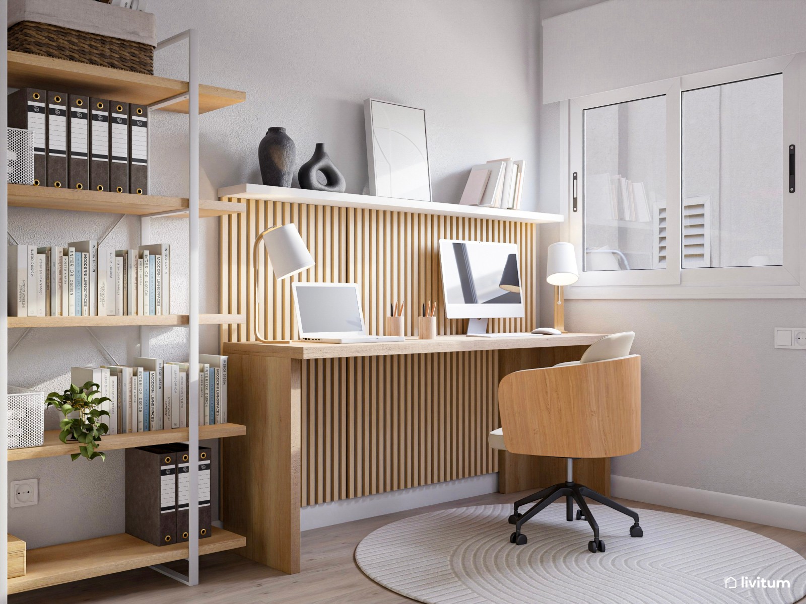 Estudio elegante con mobiliario en madera clara