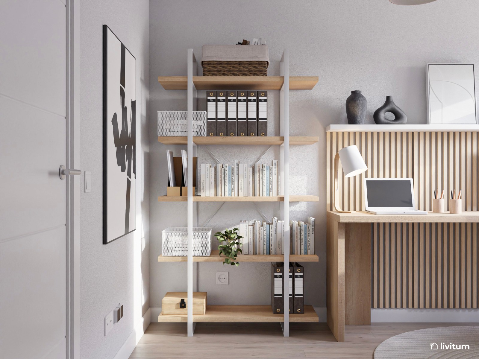 Estudio elegante con mobiliario en madera clara