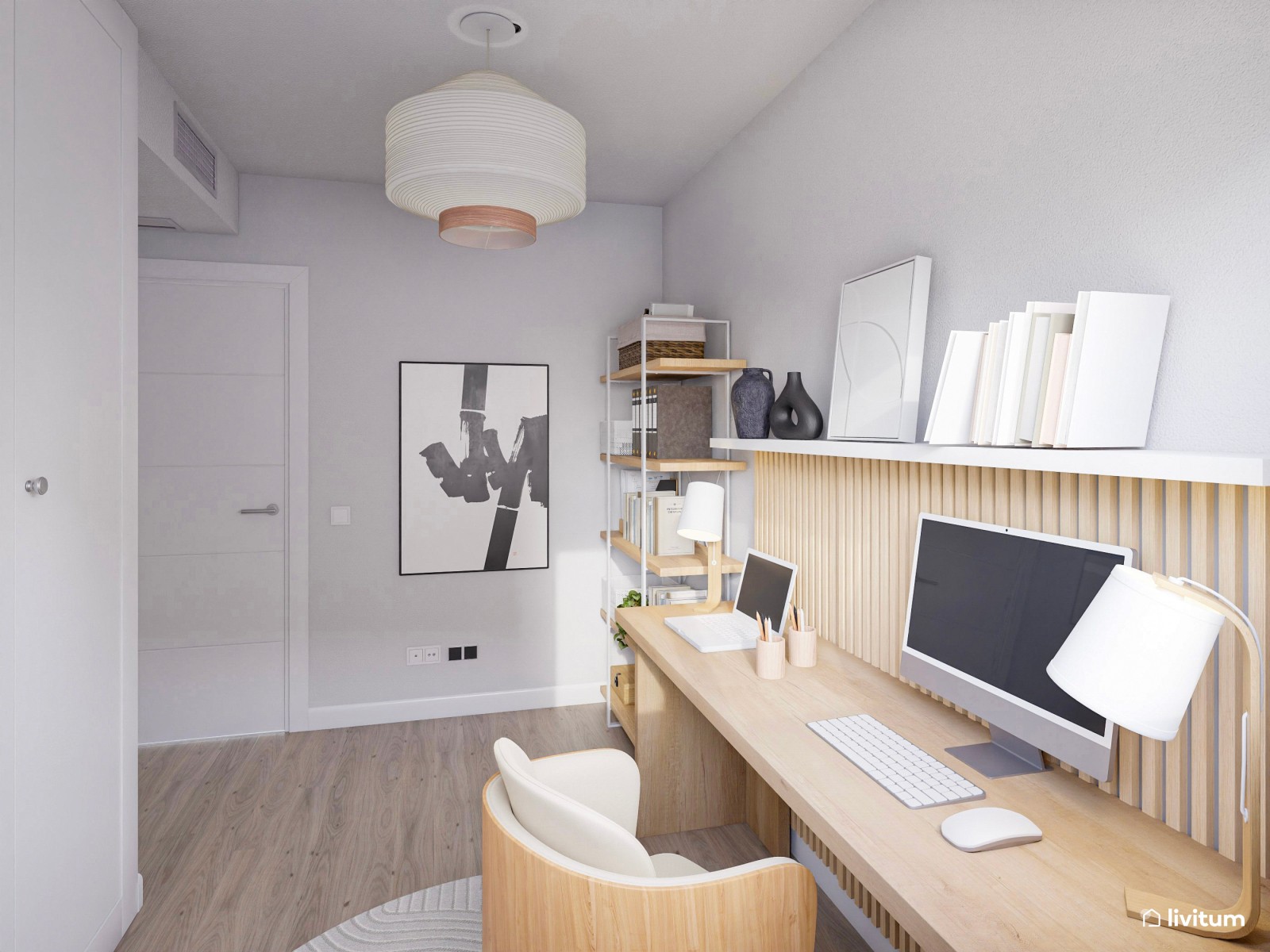 Estudio elegante con mobiliario en madera clara