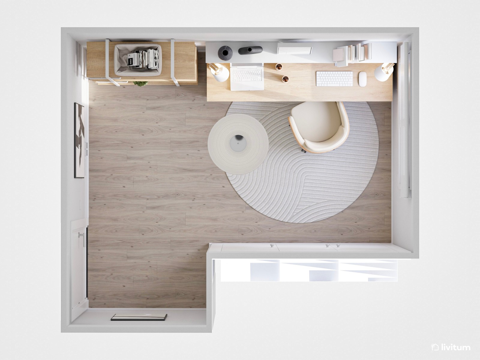 Estudio elegante con mobiliario en madera clara