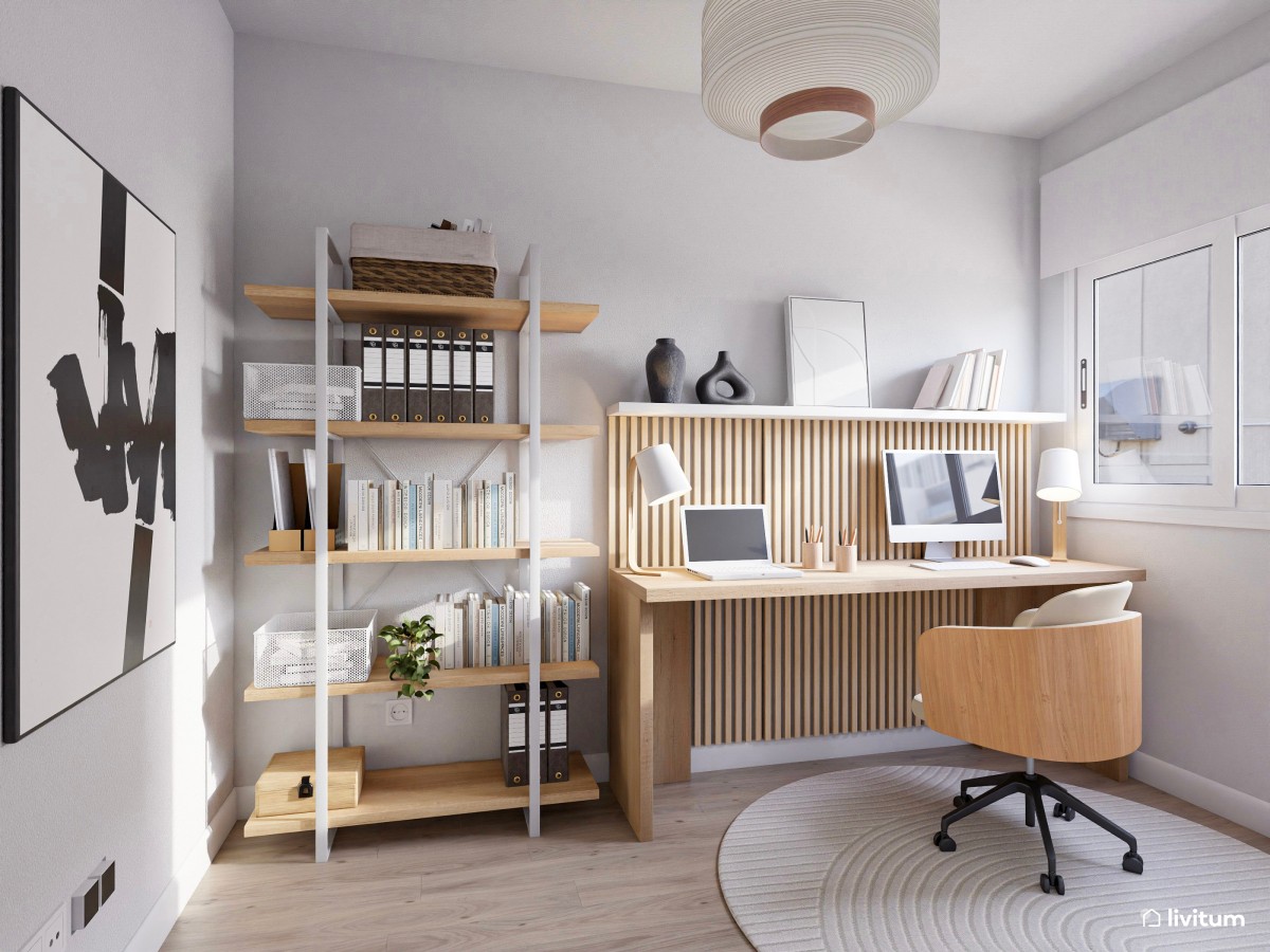 Estudio elegante con mobiliario en madera clara
