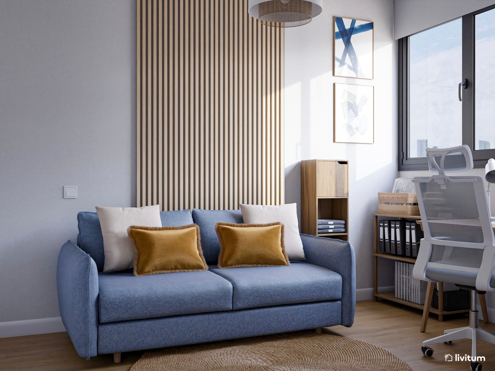 Estudio en tonos azules con cómodo sofá y luz natural