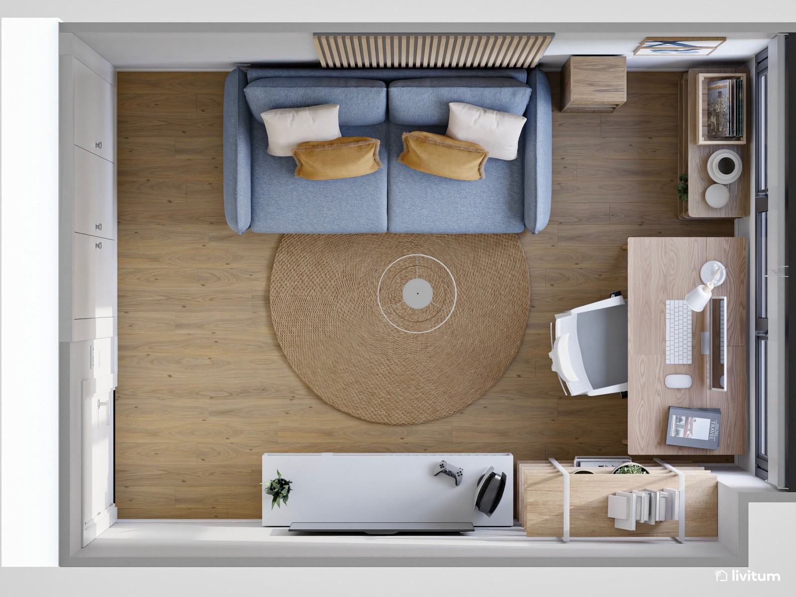 Estudio en tonos azules con cómodo sofá y luz natural
