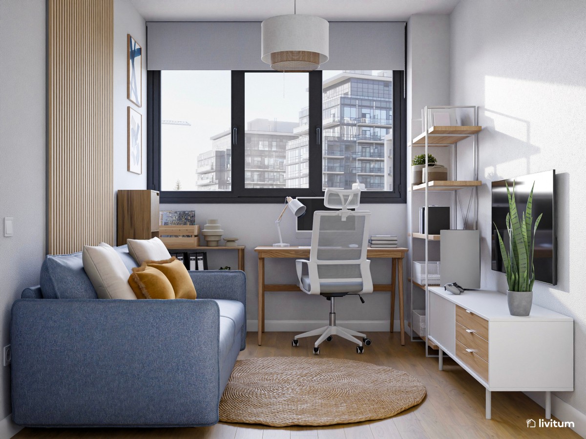Estudio en tonos azules con cómodo sofá y luz natural