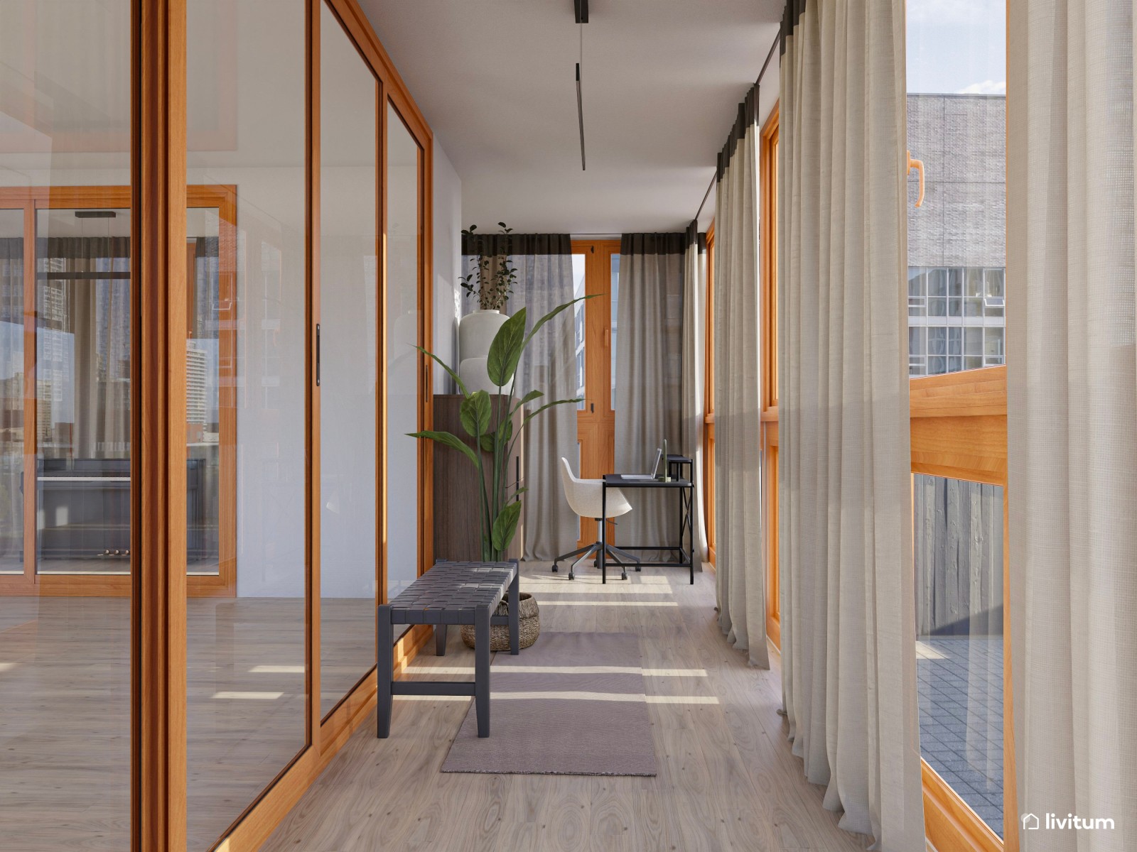 Estudio lineal con carpintería de madera, estanterías en negro y piano