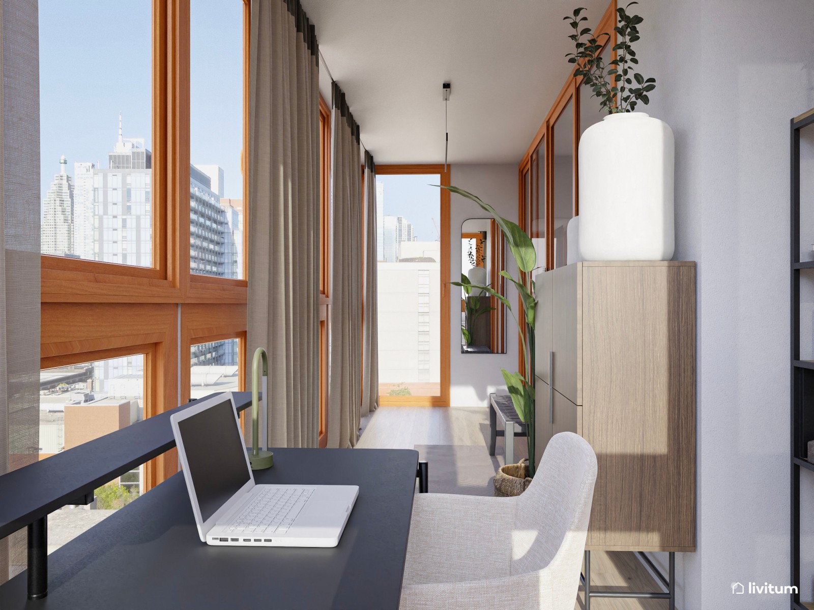 Estudio lineal con carpintería de madera, estanterías en negro y piano