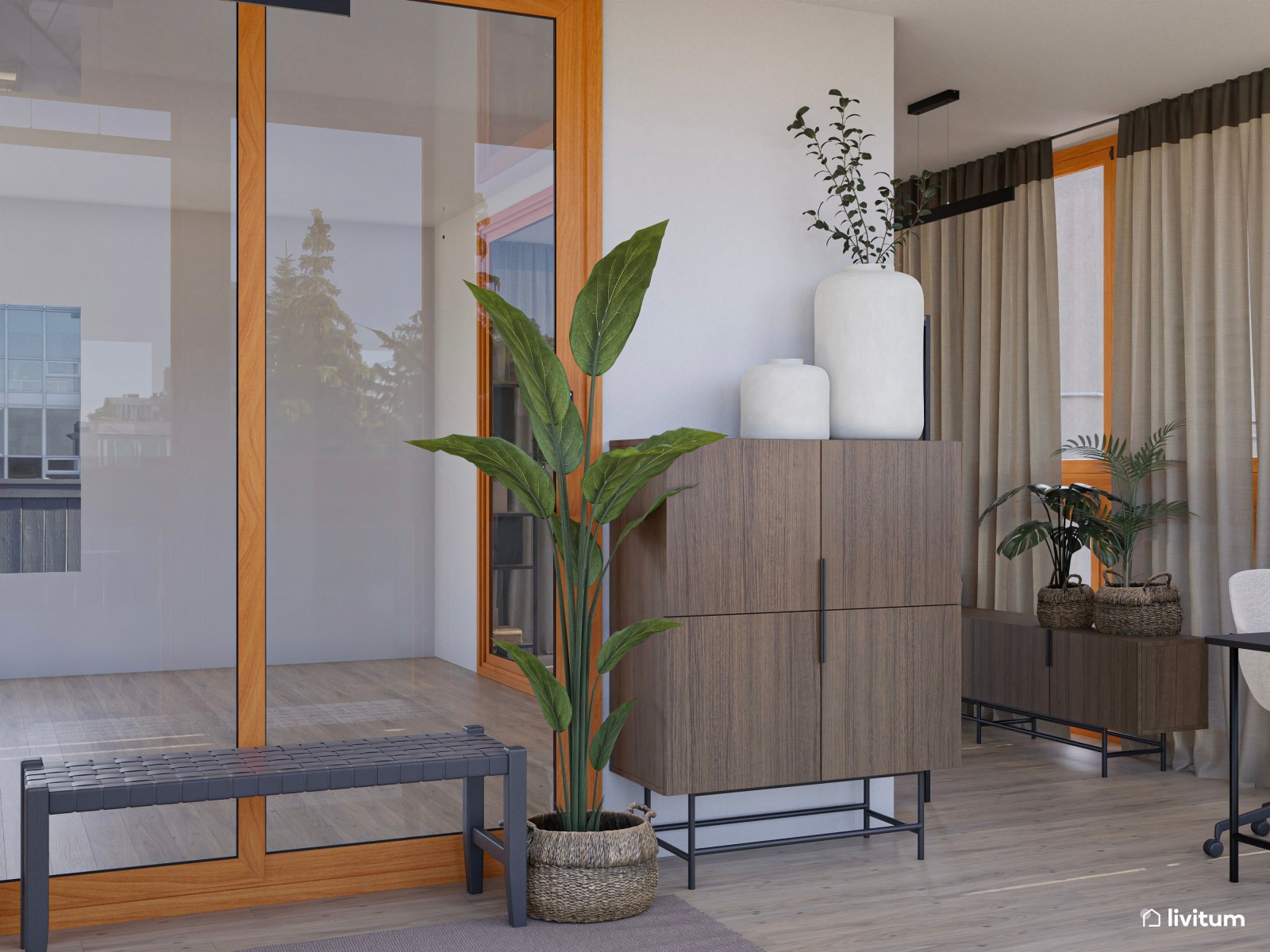 Estudio lineal con carpintería de madera, estanterías en negro y piano