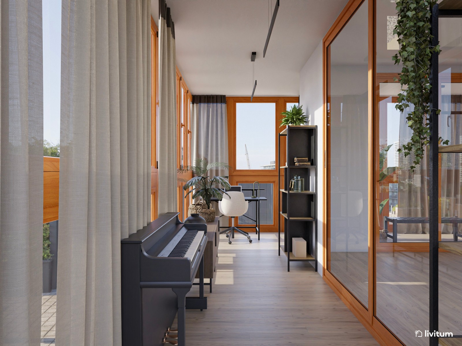 Estudio lineal con carpintería de madera, estanterías en negro y piano