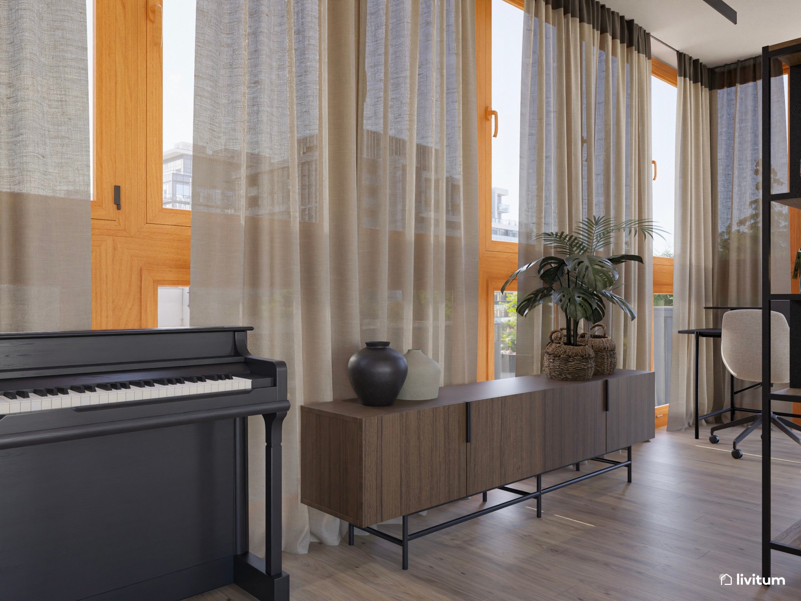 Estudio lineal con carpintería de madera, estanterías en negro y piano