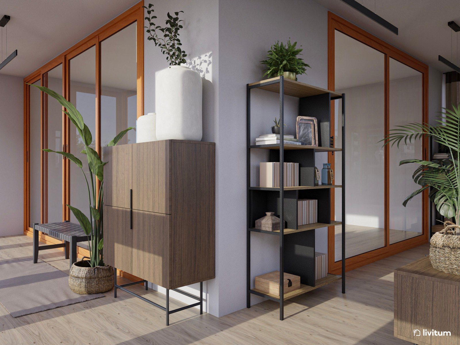 Estudio lineal con carpintería de madera, estanterías en negro y piano