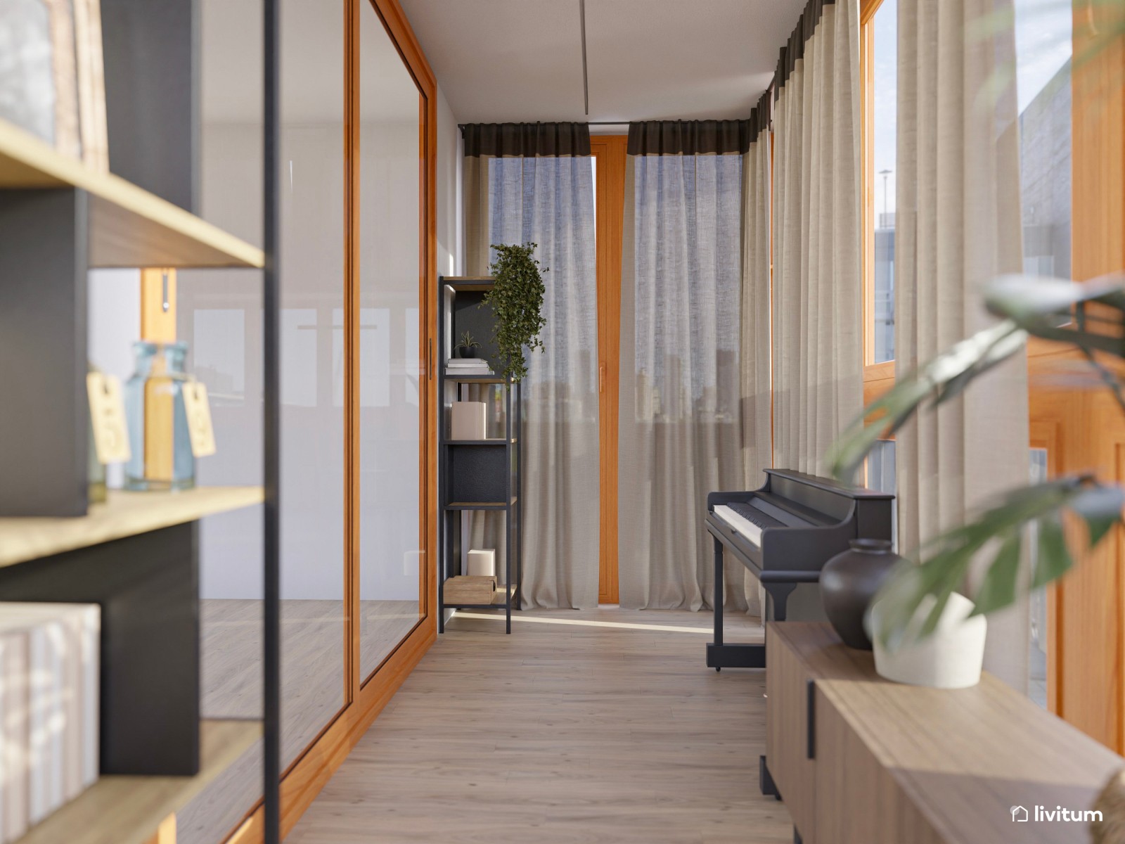 Estudio lineal con carpintería de madera, estanterías en negro y piano