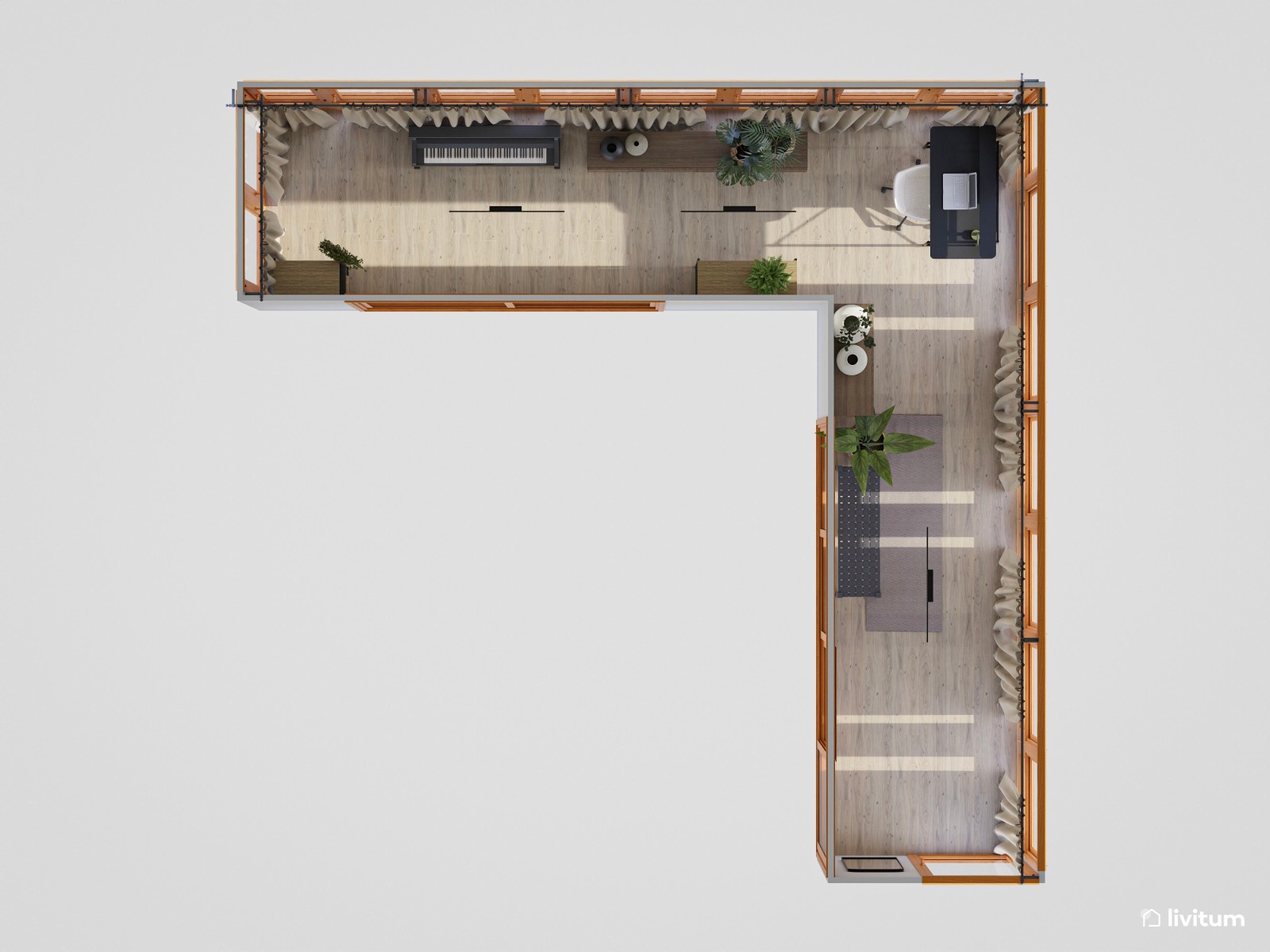 Estudio lineal con carpintería de madera, estanterías en negro y piano