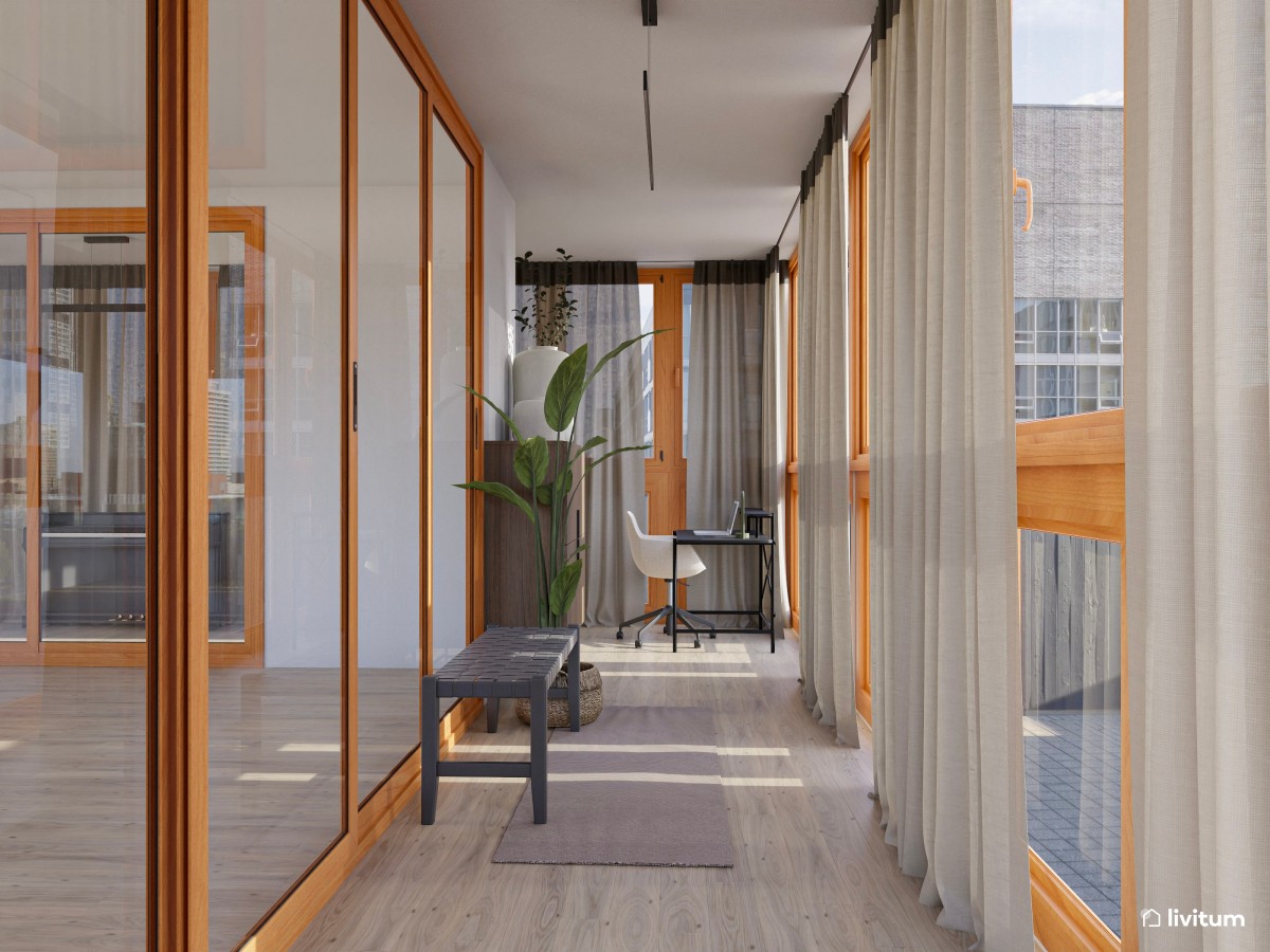 Estudio lineal con carpintería de madera, estanterías en negro y piano