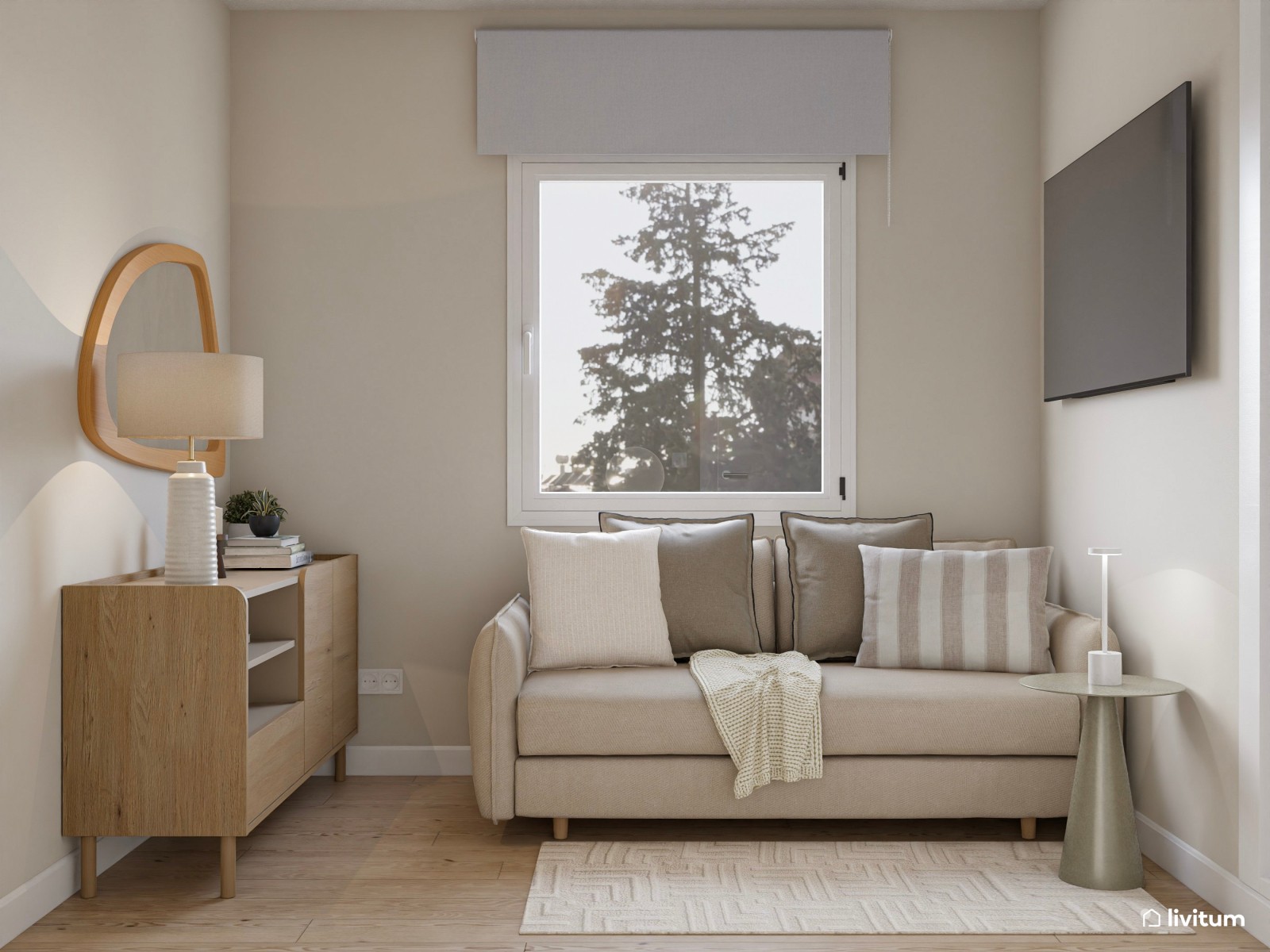 Estudio minimalista nórdico en planta cuadrada con muebles de madera