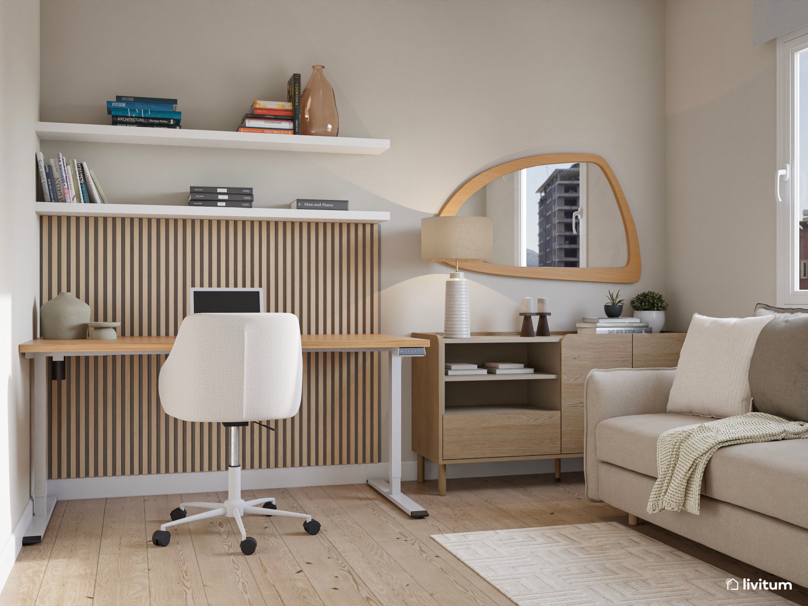 Estudio minimalista nórdico en planta cuadrada con muebles de madera