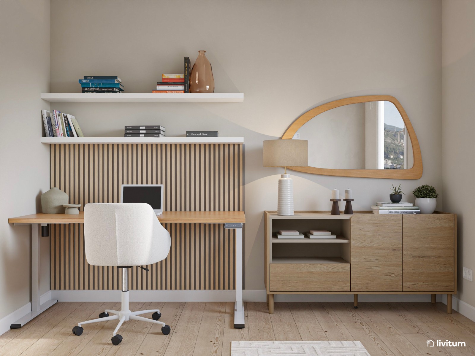 Estudio minimalista nórdico en planta cuadrada con muebles de madera