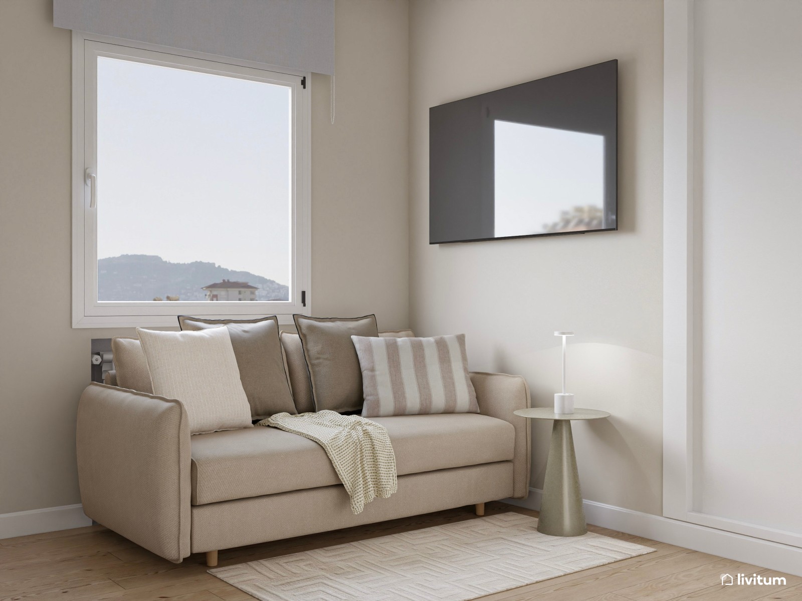 Estudio minimalista nórdico en planta cuadrada con muebles de madera