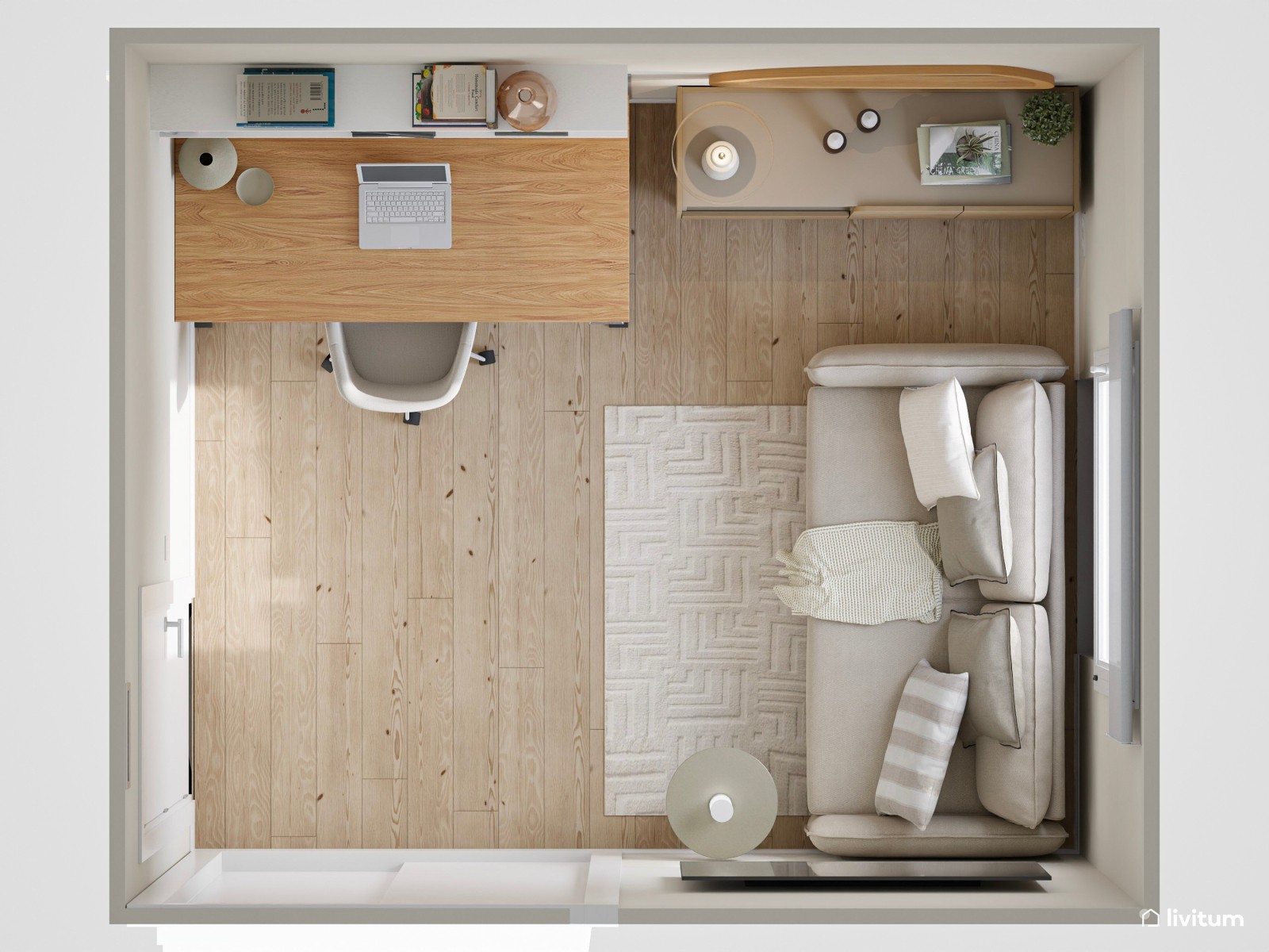 Estudio minimalista nórdico en planta cuadrada con muebles de madera