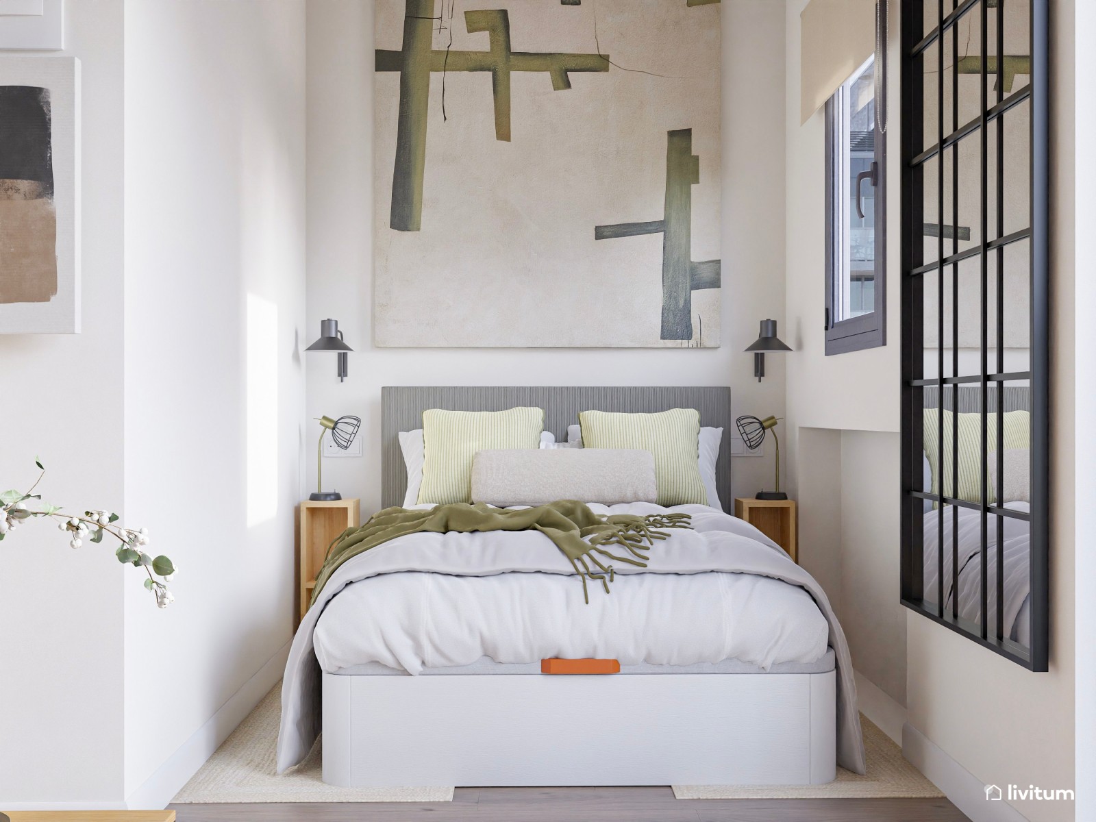 Estudio moderno con aires boho, toques de verde y fibras naturales