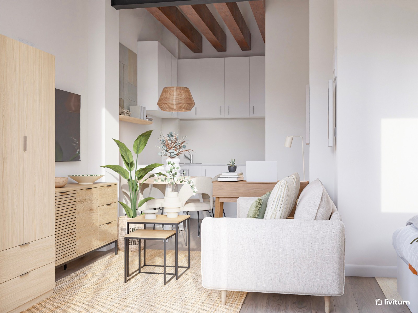 Estudio moderno con aires boho, toques de verde y fibras naturales
