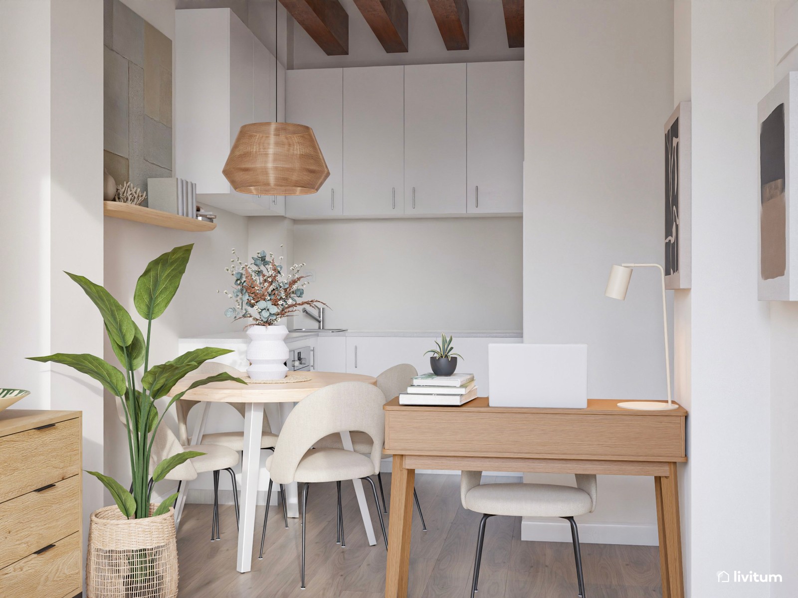Estudio moderno con aires boho, toques de verde y fibras naturales
