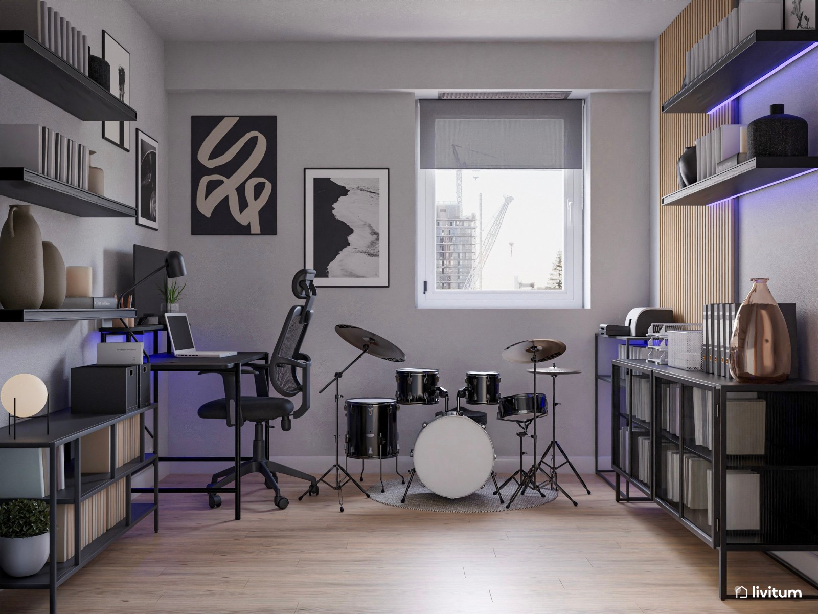  Estudio moderno con LED diseñado para trabajar, estudiar o hacer música 