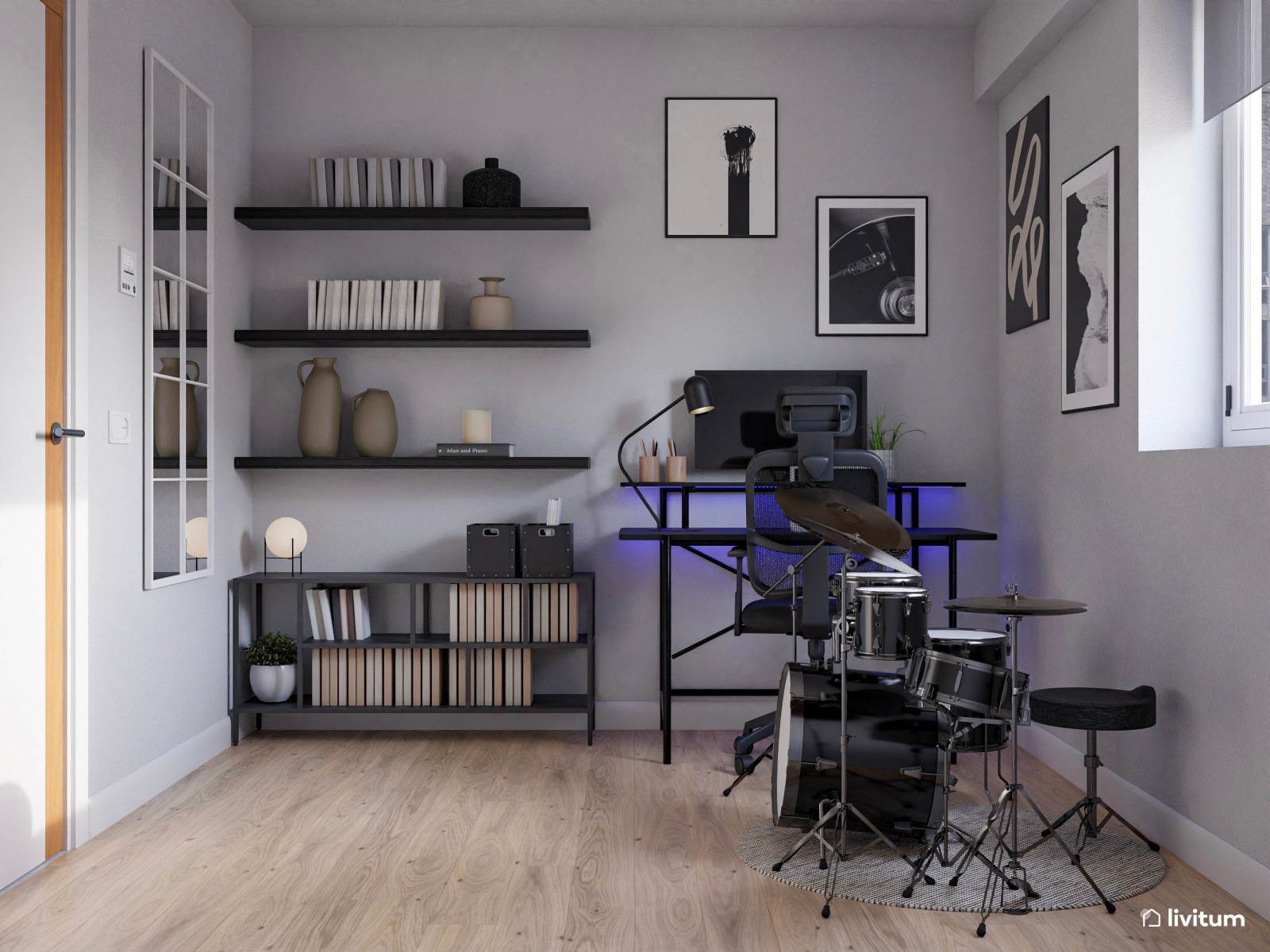  Estudio moderno con LED diseñado para trabajar, estudiar o hacer música 