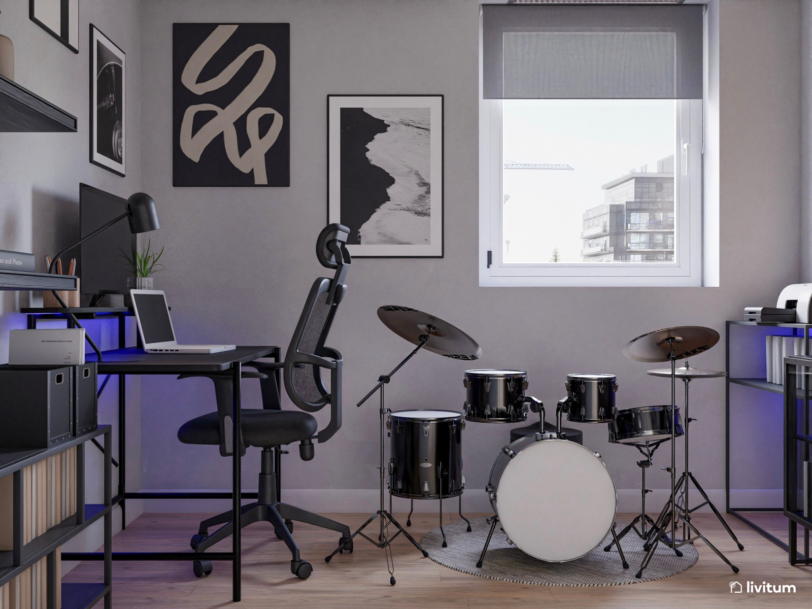  Estudio moderno con LED diseñado para trabajar, estudiar o hacer música 